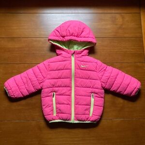 Nike Hooded Full Zip Winter Puffer Coat Jacket Pink Green - Baby Girls Size 12M